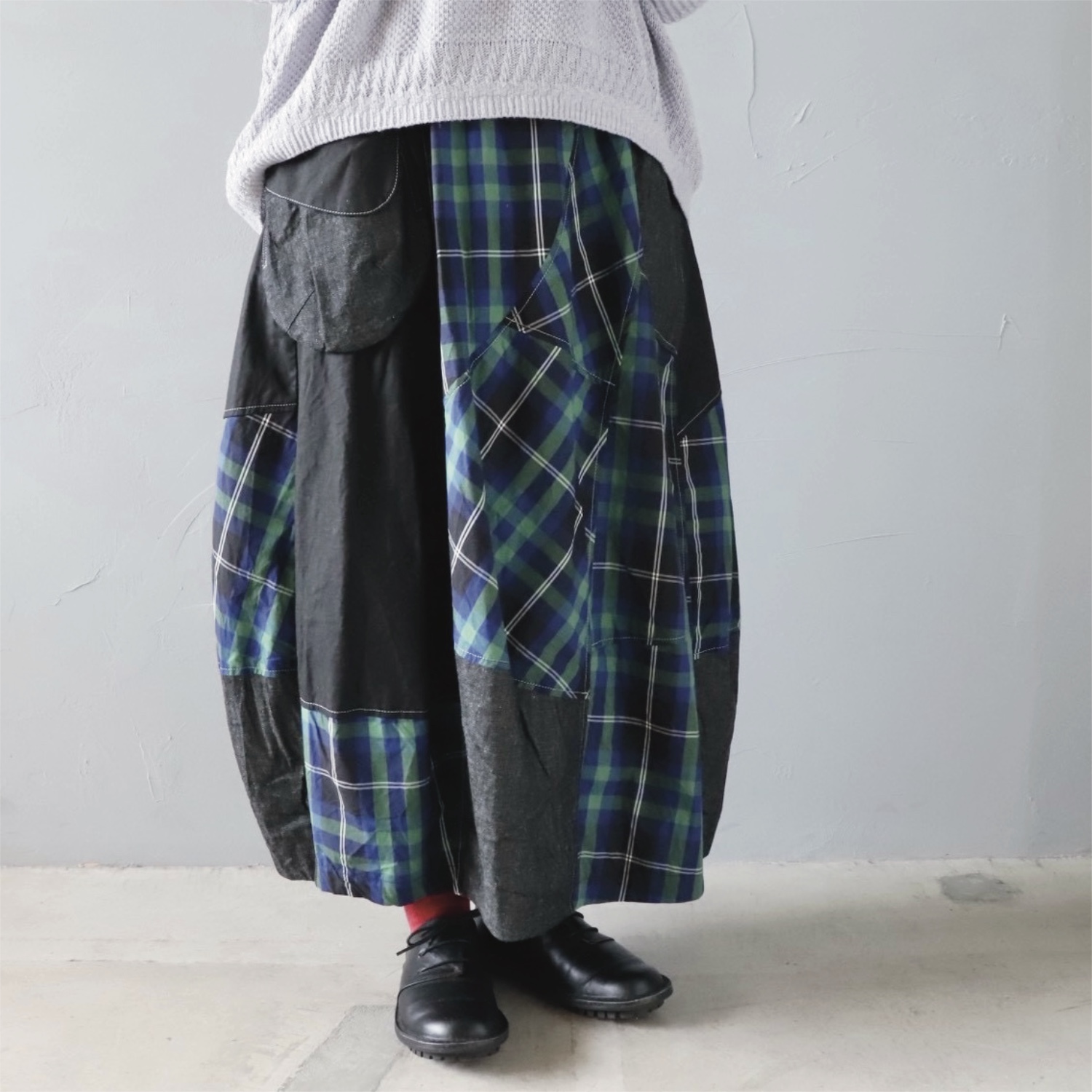 デニムとチェックのパッチワークスカート【Le-Fluy】